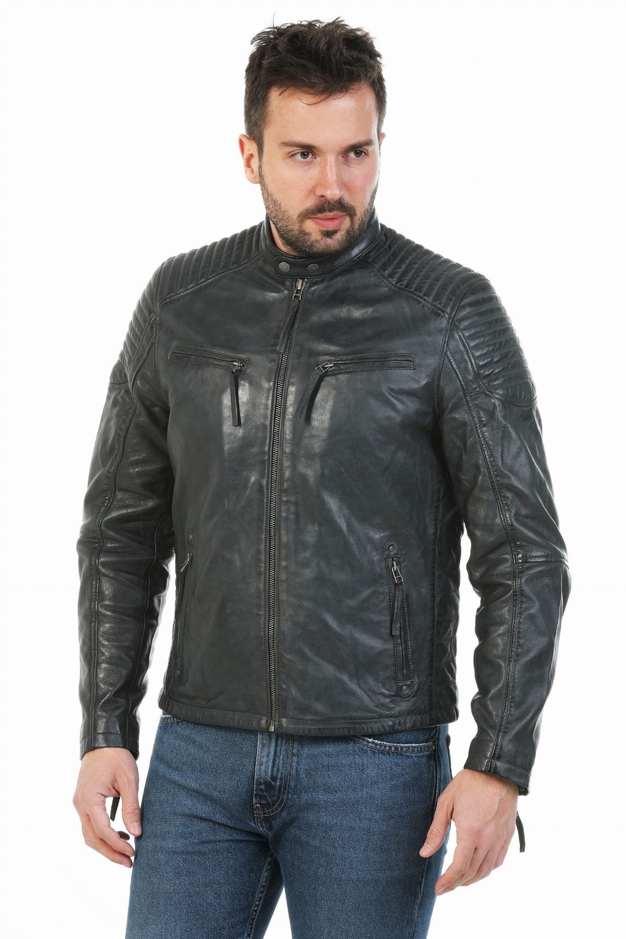 Męska kurtka skórzana Ron blue-grey (M) - David Ryan