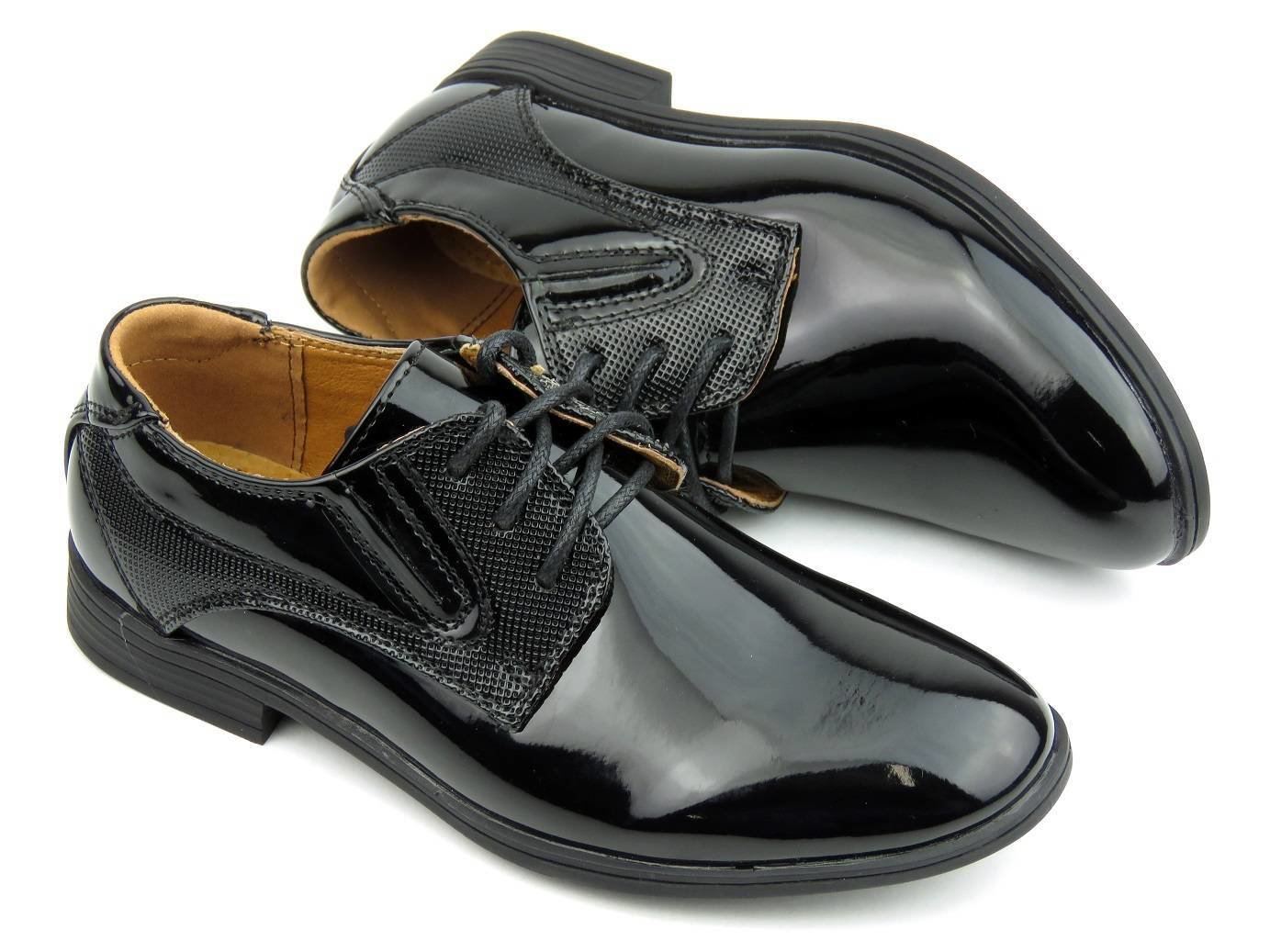 Eleganckie półbuty wizytowe, buty komunijne - WOJTYŁKO 1196, czarne lakierki - Wojtyłko