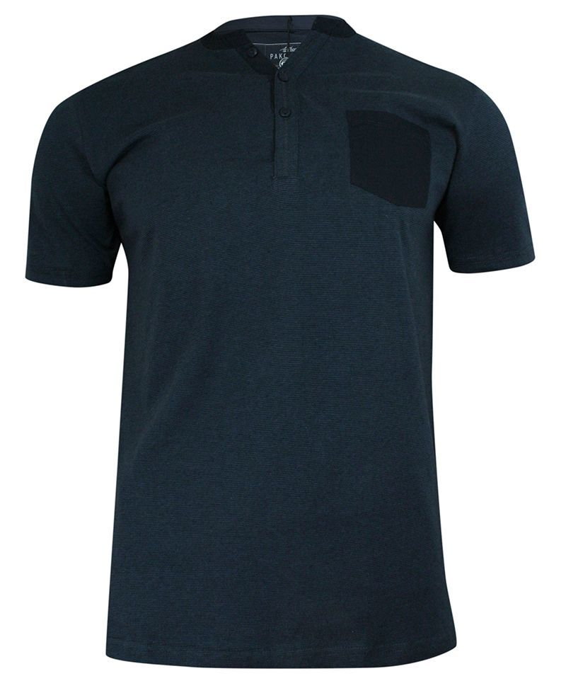 T-shirt Bawełniany, Granatowy w Paski z Kieszonką, Krótki Rękaw, Dekolt z Guzikami -PAKO JEANS - Pako Jeans