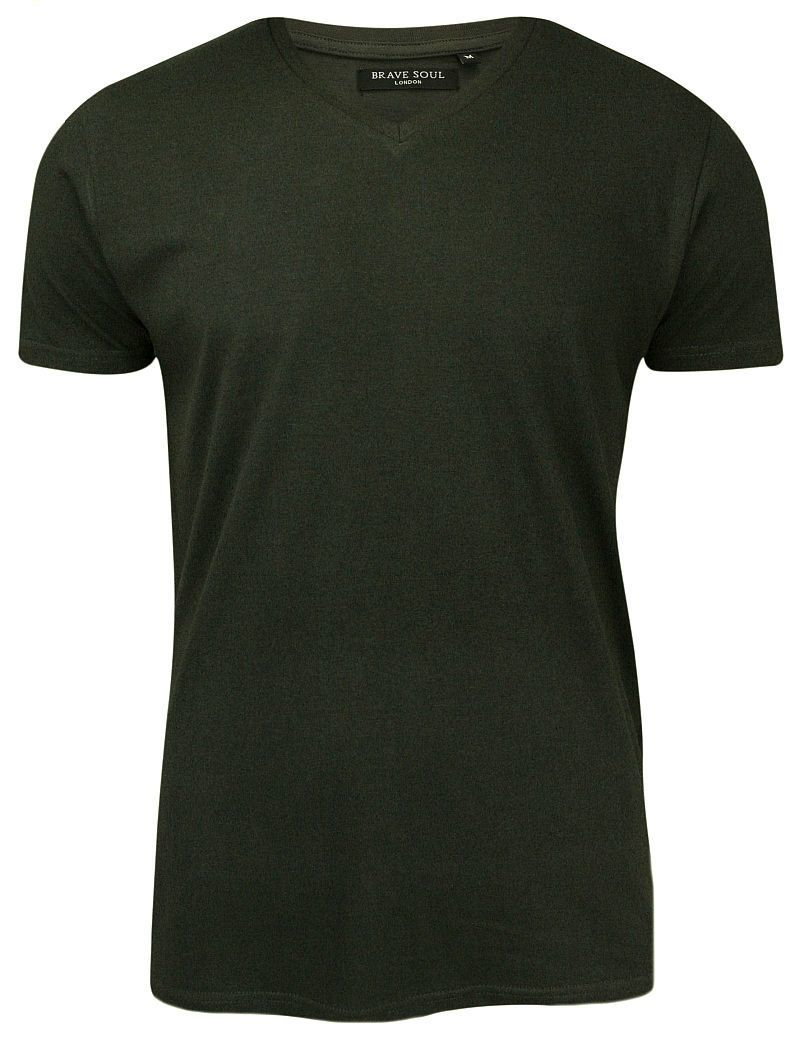 T-Shirt Ciemny Zielony, Khaki, Koszulka, Dekolt w Serek, Bez Nadruku -BRAVE SOUL- Męski - Brave Soul