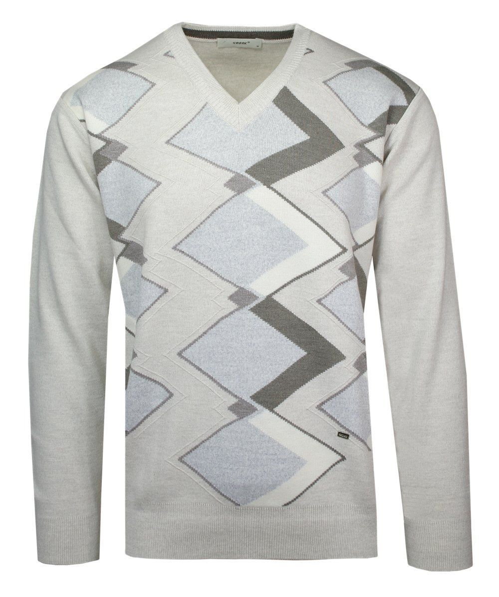 Sweter w Serek, Wzór Geometryczny, Beżowy, V-neck, Męski, Cienki -YAMAK - Yamak