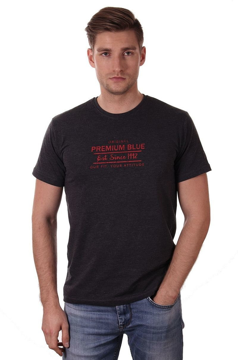 Grafitowa Koszulka Męska z Nadrukiem, Krótki Rękaw, Just Yuppi, Melanżowy T-shirt w Czerwone Napisy