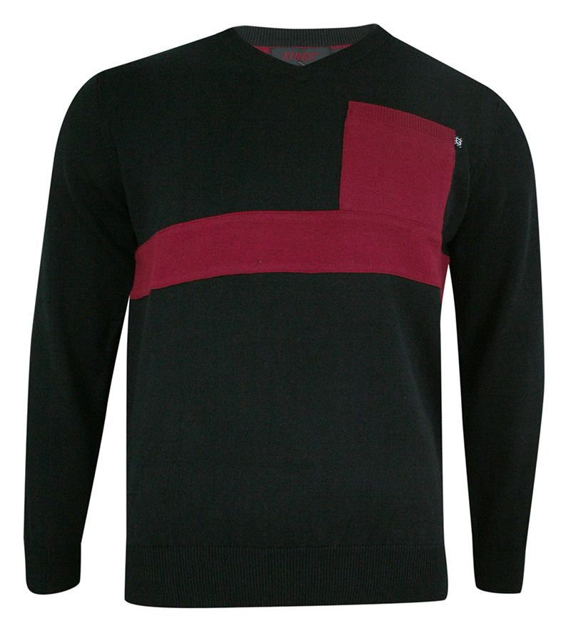Sweter Męski, Czarno-Czerwony w Serek -KINGS- Dekolt V-Neck, Tłoczony Wzór, Klasyczny - Kings