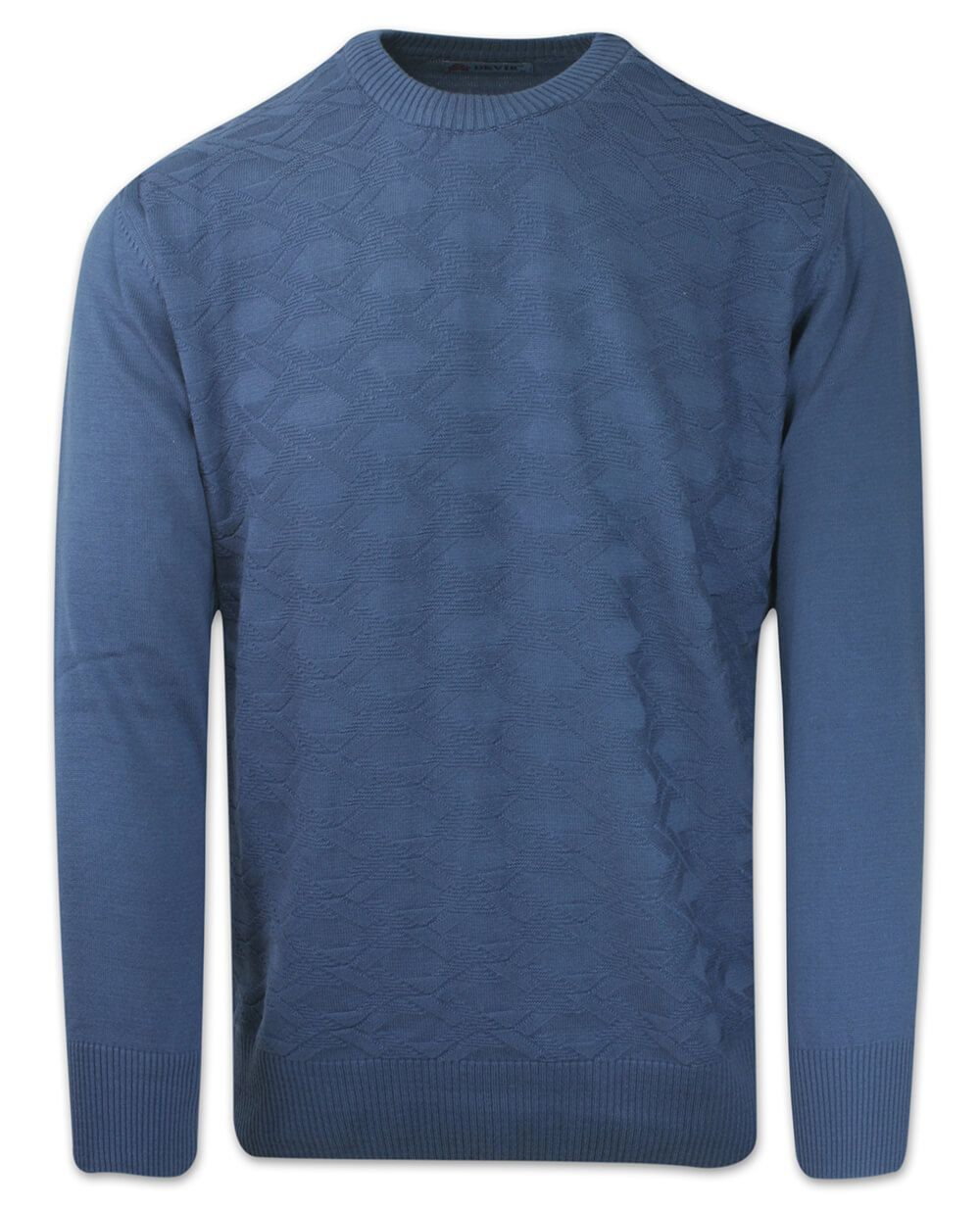 Sweter Bawełniany, Niebieski, Tłoczony Wzór, Okrągły Dekolt, U-neck, Męski -DEVIR - Devir