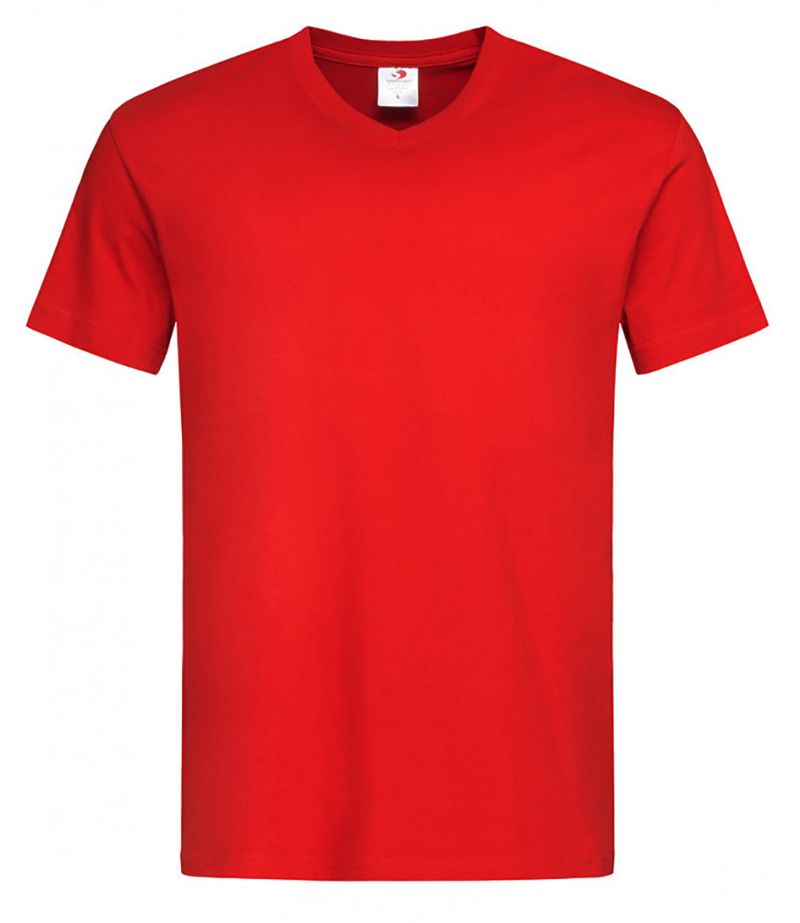 Czerwony Bawełniany T-Shirt w Serek, Męski Bez Nadruku -STEDMAN- Koszulka, Krótki Rękaw, V-neck - Stedman