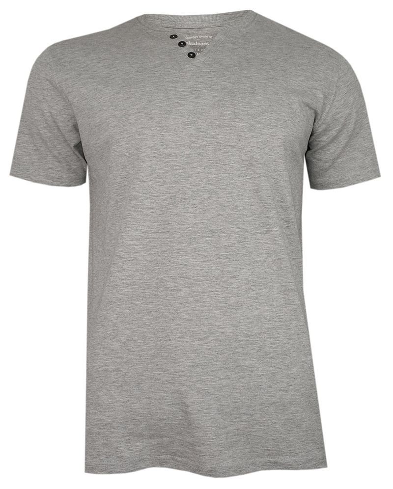Szary Bawełniany T-Shirt -PAKO JEANS- Męski, Krótki Rękaw, Dekolt w Serek z Guzikami, BASIC - Pako Jeans