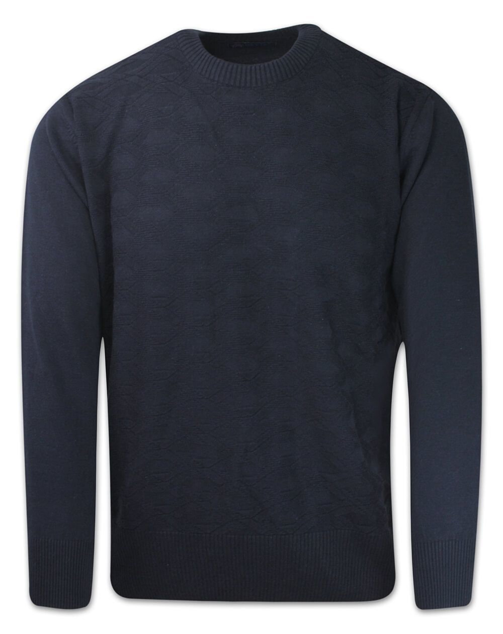 Sweter Wełniany, Granatowy, Tłoczony Wzór, Okrągły Dekolt, U-neck, Męski -DEVIR - Devir