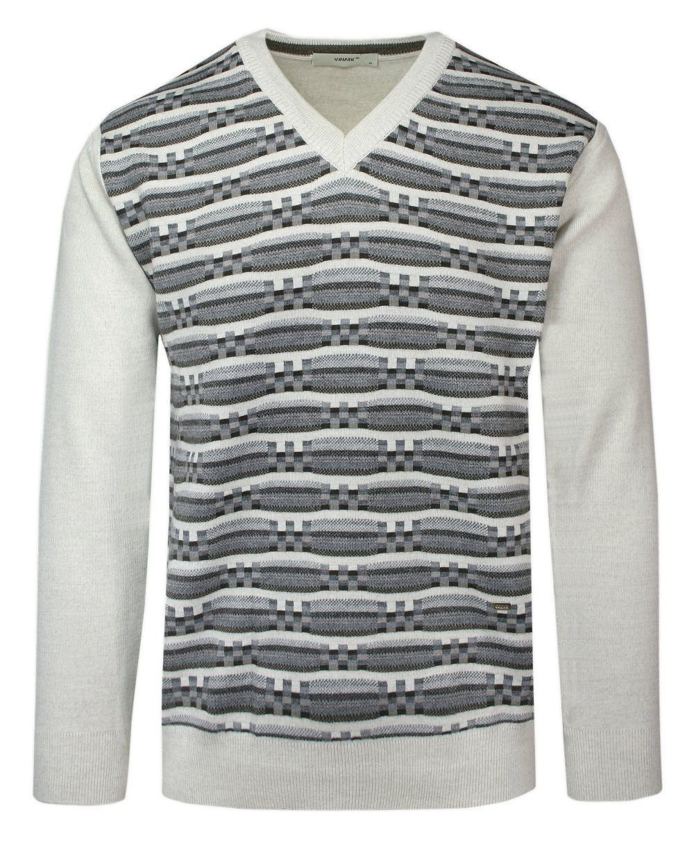 Sweter Beżowy w Serek, Wzór Geometryczny, V-neck, Męski, Cienki -YAMAK - Yamak