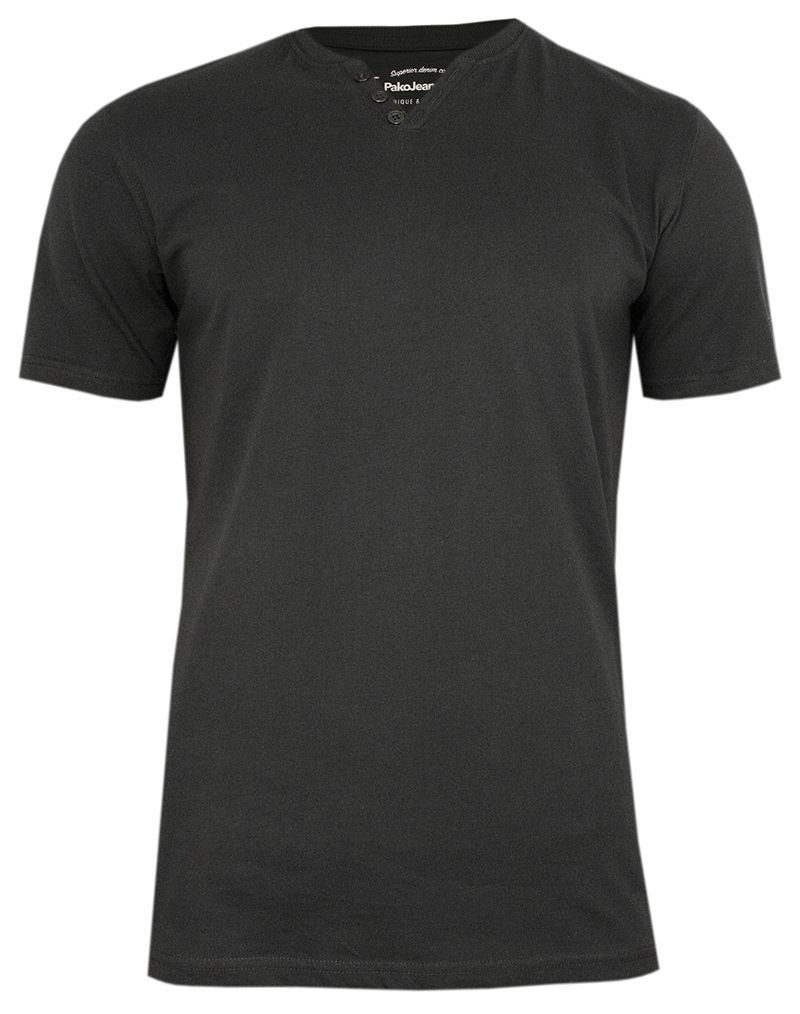 Grafitowy Bawełniany T-Shirt -PAKO JEANS- Męski, Krótki Rękaw, Dekolt w Serek z Guzikami, BASIC - Pako Jeans