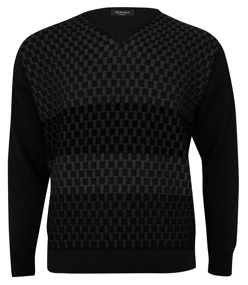 Sweter Czarny, Tłoczony Wzór Geometryczny, Dekolt w Serek (V-neck) -ELKJAER- Męski - Elkjaer