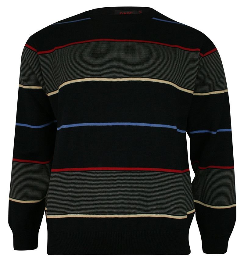 Sweter Granatowy, w Paski, Prążki, Okrągły Dekolt (U-neck) -KINGS- Męski - Kings