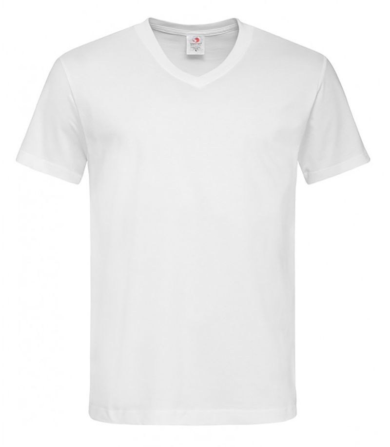 Biały Bawełniany T-Shirt w Serek, Męski Bez Nadruku -STEDMAN- Koszulka, Krótki Rękaw, Basic, V-neck - Stedman