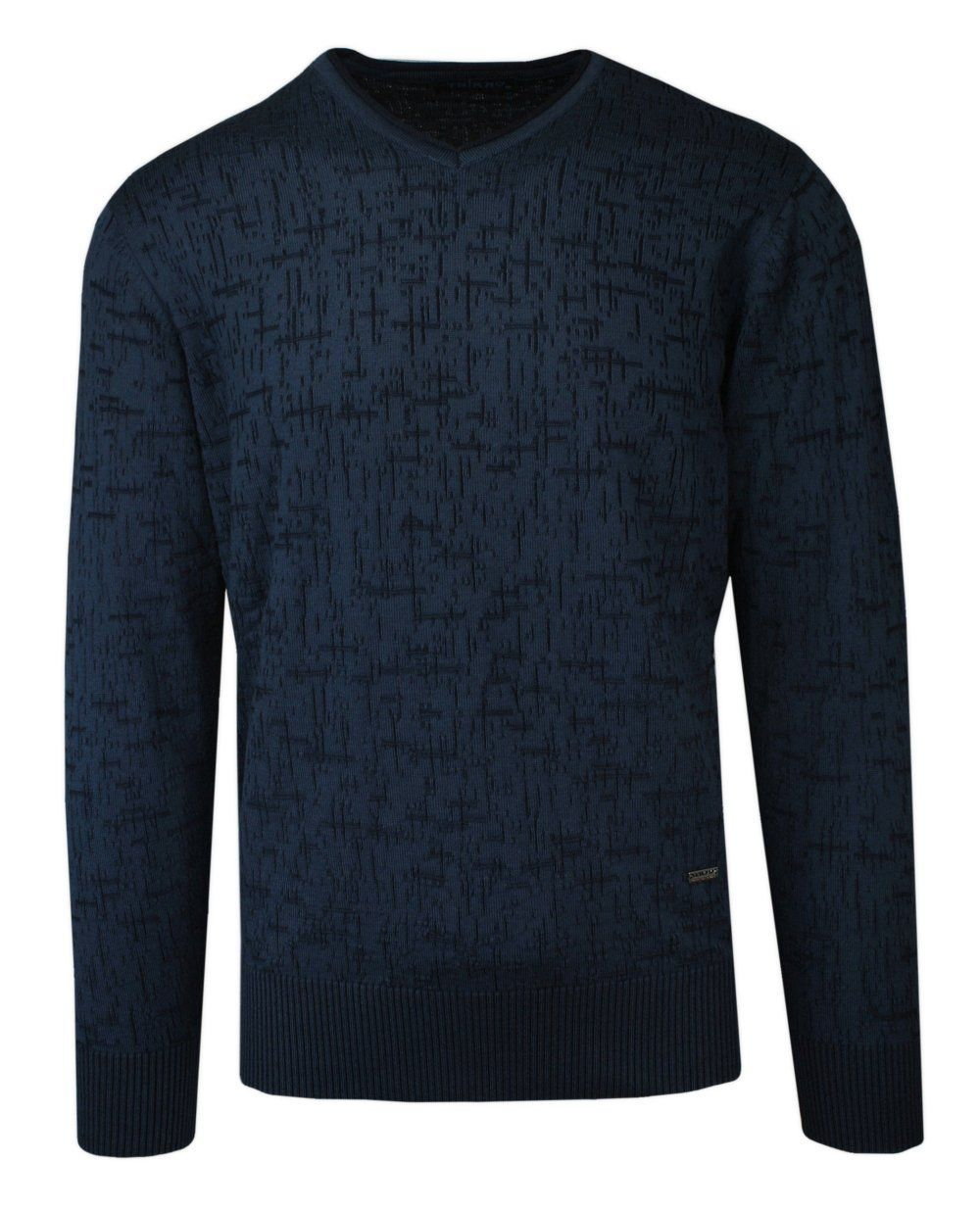 Sweter Ciemny Niebieski w Serek, Wzór Geometryczny, V-neck, Męski -TRIKKO - Trikko