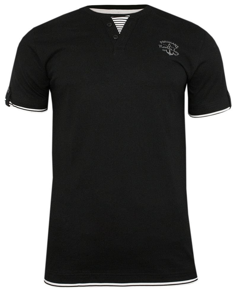 Czarny Bawełniany T-Shirt -PAKO JEANS- Męski, Krótki Rękaw, Dekolt z Guzikami, Wstawka w Paski - Pako Jeans