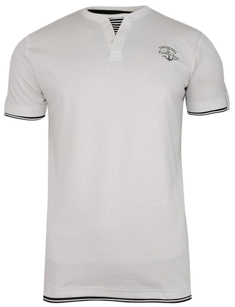 Biały Bawełniany T-Shirt -PAKO JEANS- Męski, Krótki Rękaw, Dekolt z Guzikami, Wstawka w Paski - Pako Jeans