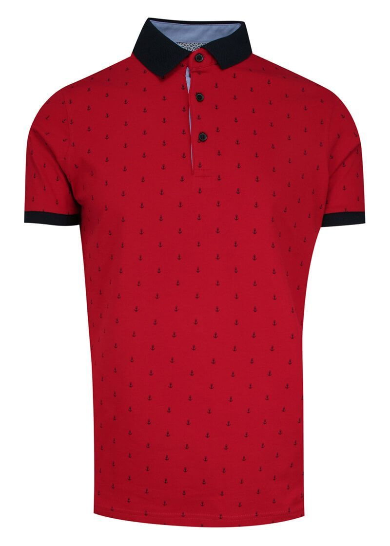 Koszulka POLO, Czerwona w Kotwice, Wzór Marinistyczny, Męska, Casualowa, Krótki Rękaw, T-shirt - Le Marin