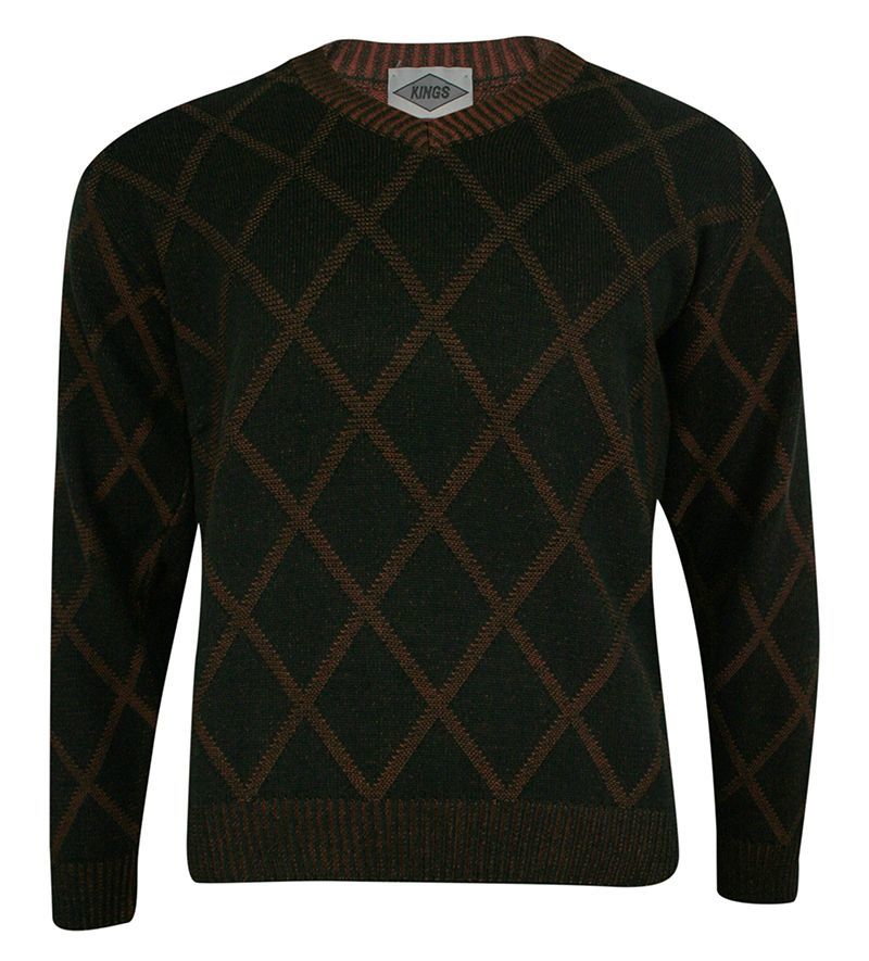 Sweter Męski, Czarno-Pomarańczowy w Romby w Serek -KINGS- Dekolt V-Neck, Tłoczony Wzór, Klasyczny - Kings