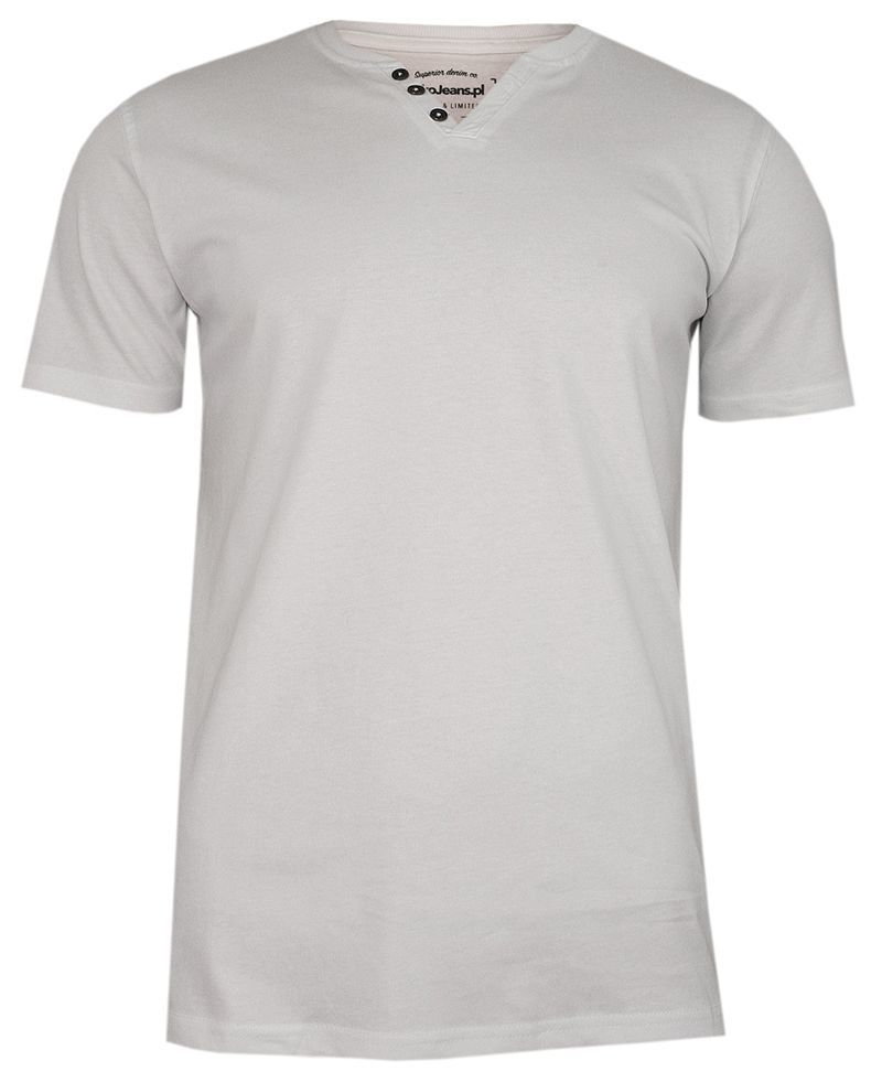 Biały Bawełniany T-Shirt -PAKO JEANS- Męski, Krótki Rękaw, Dekolt w Serek z Guzikami, BASIC - Pako Jeans