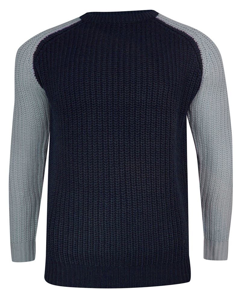 Sweter Granatowo-Szary Męski Dziergany, z Łatami na Łokciach, Elegancki, U-neck -BRAVE SOUL - Brave Soul
