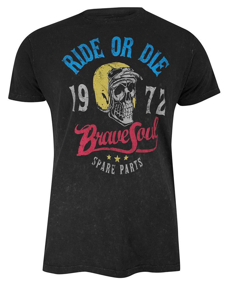 T-Shirt (Koszulka) Czarny z Nadrukiem, Czaszka w Kasku, Okrągły Dekolt, Krótki Rękaw -BRAVE SOUL - Brave Soul