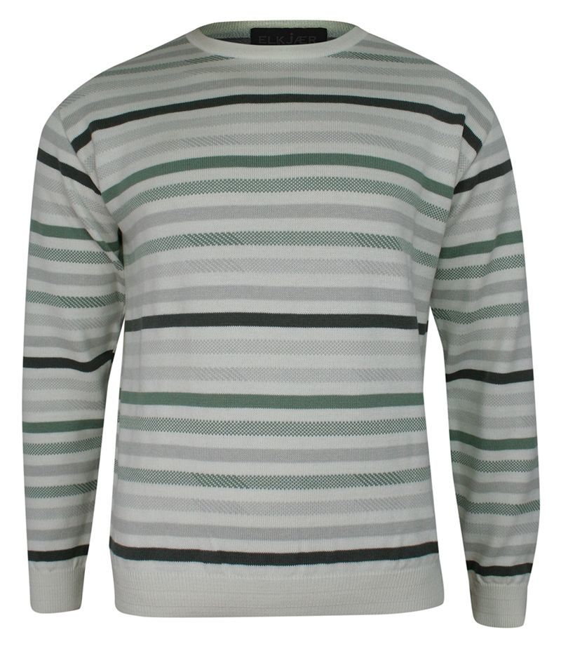 Sweter Beżowy, w Paski, Prążki, Okrągły Dekolt (U-neck), Męski - ELKJAER - Elkjaer