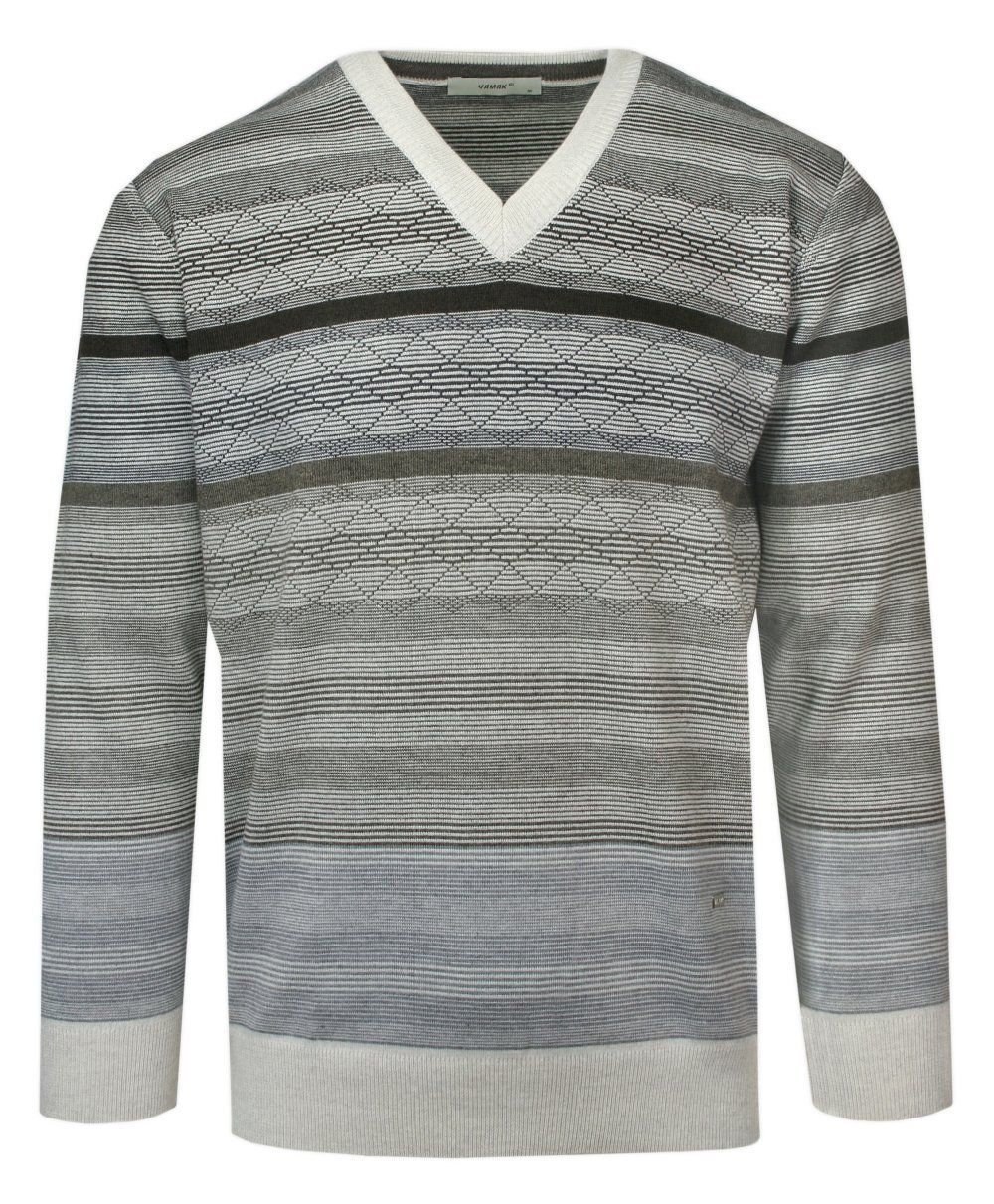 Sweter w Serek, Beżowy, Wzór Geometryczny, V-neck, Męski, Cienki -YAMAK - Yamak