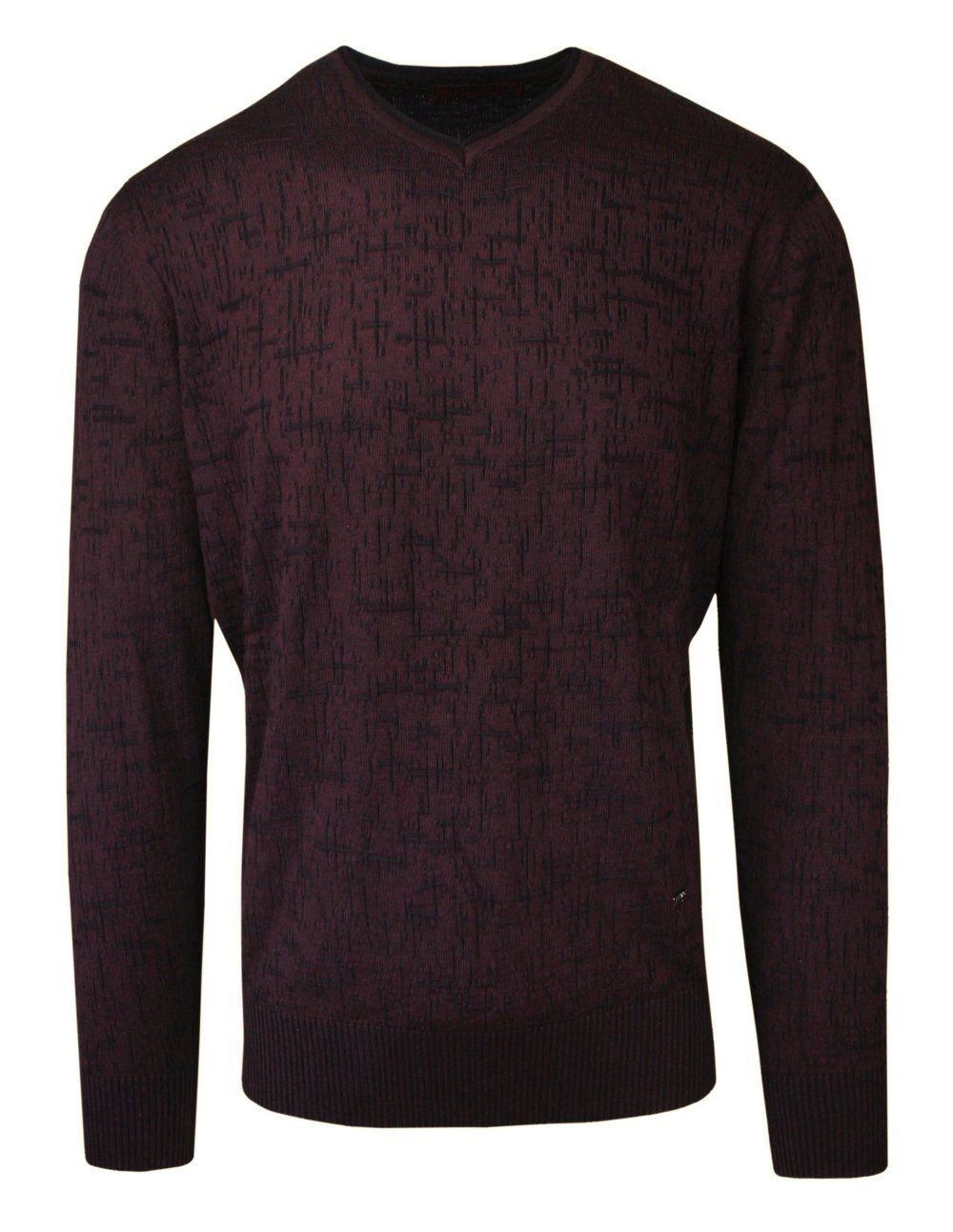 Sweter Bordowy w Serek, Wzór Geometryczny, V-neck, Męski -TRIKKO - Trikko