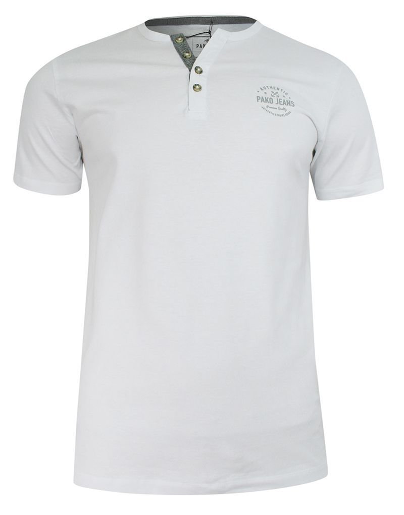 T-shirt Bawełniany, Biały z Nadrukiem, Męski, Krótki Rękaw, Dekolt z Guzikami -PAKO JEANS - Pako Jeans