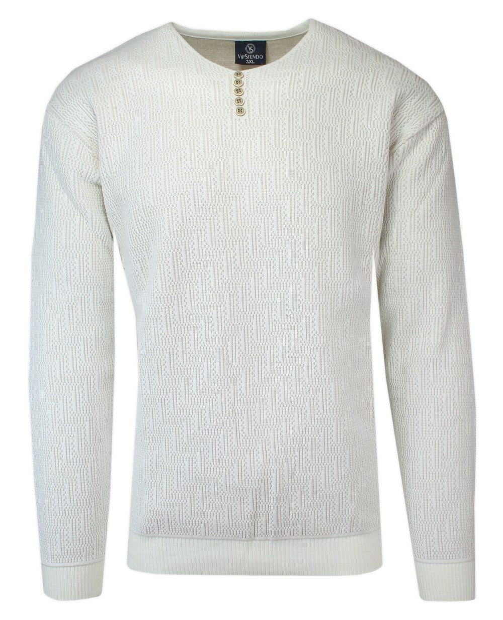 Sweter Wełniany Kremowy w Serek, z Guzikami, w Tłoczony Wzór, V-neck, Męski -VIP STENDO - Vip Stendo