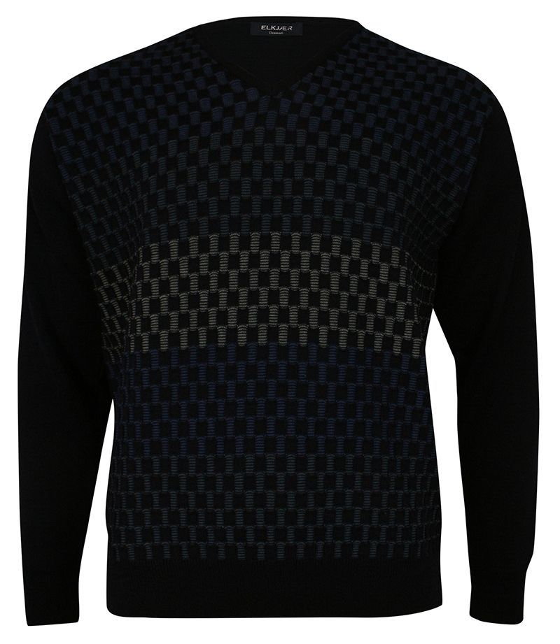 Sweter Granatowy, Tłoczony Wzór Geometryczny, Dekolt w Serek (V-neck) Męski - Elkjaer