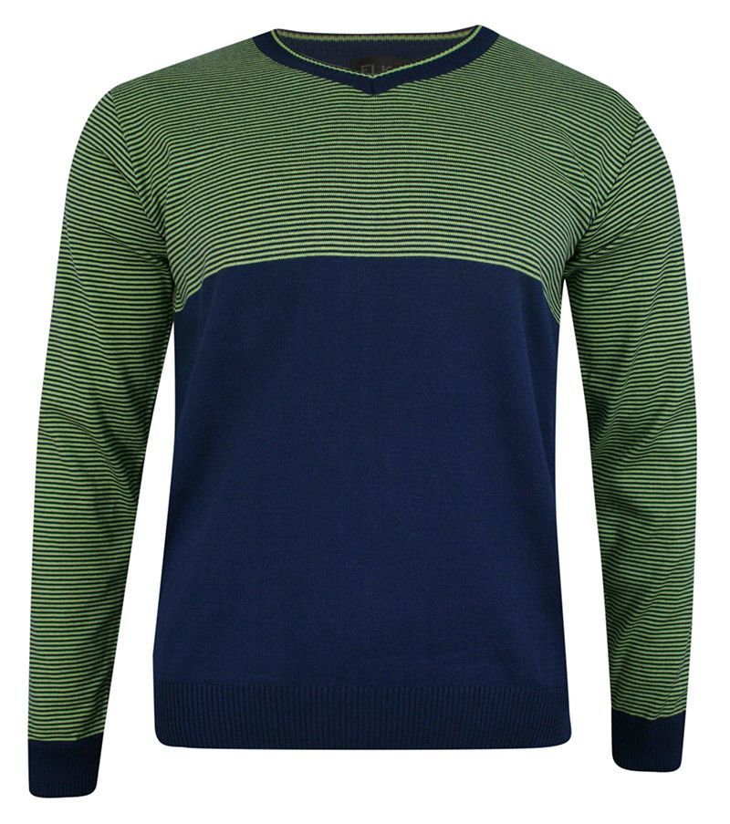 Sweter Granatowo-Zielony, w Drobne Paski, Dekolt w Serek (V-neck) -ELKJAER- Męski - Elkjaer