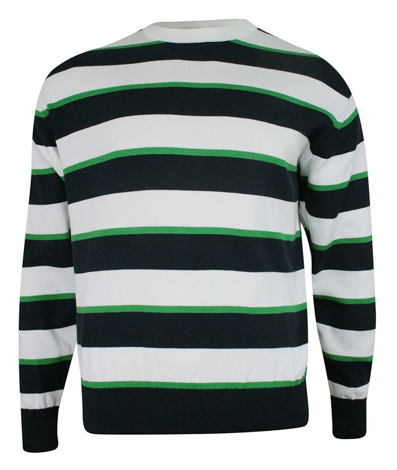 Sweter w Okrągły Dekolt, Granatowo-Biały w Paski, Prążki, 100% BAWEŁNA (U-neck), Męski - G&FA