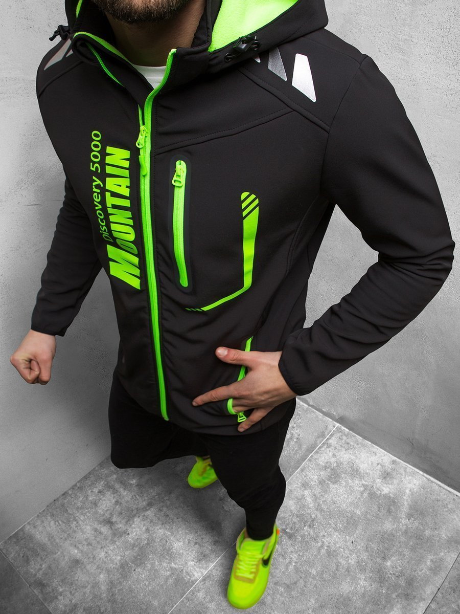 KURTKA SOFTSHELL MĘSKA Z KAPTUREM CZARNO-ZIELONA OZONEE JS/HH026/1A - Ozonee