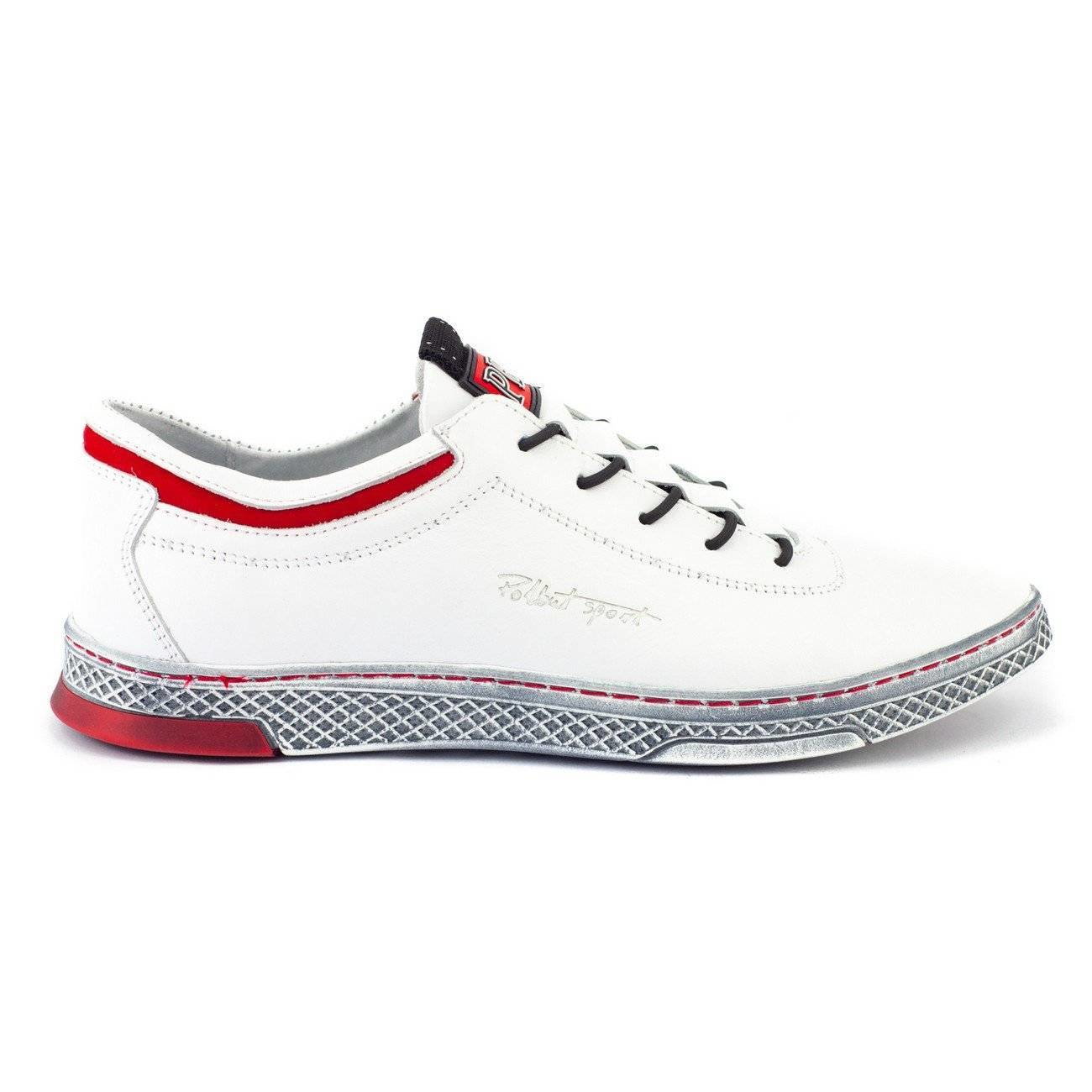 Buty męskie skórzane casual K23 białe z czerwonym - Polbut
