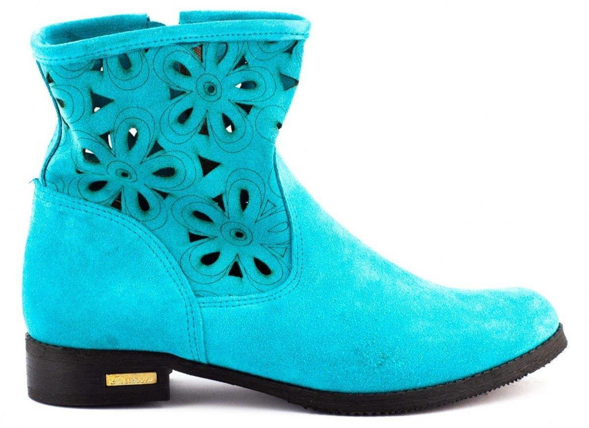 Wygodne botki ażurowe skórzane Alice turkusowe - Buty Olivier