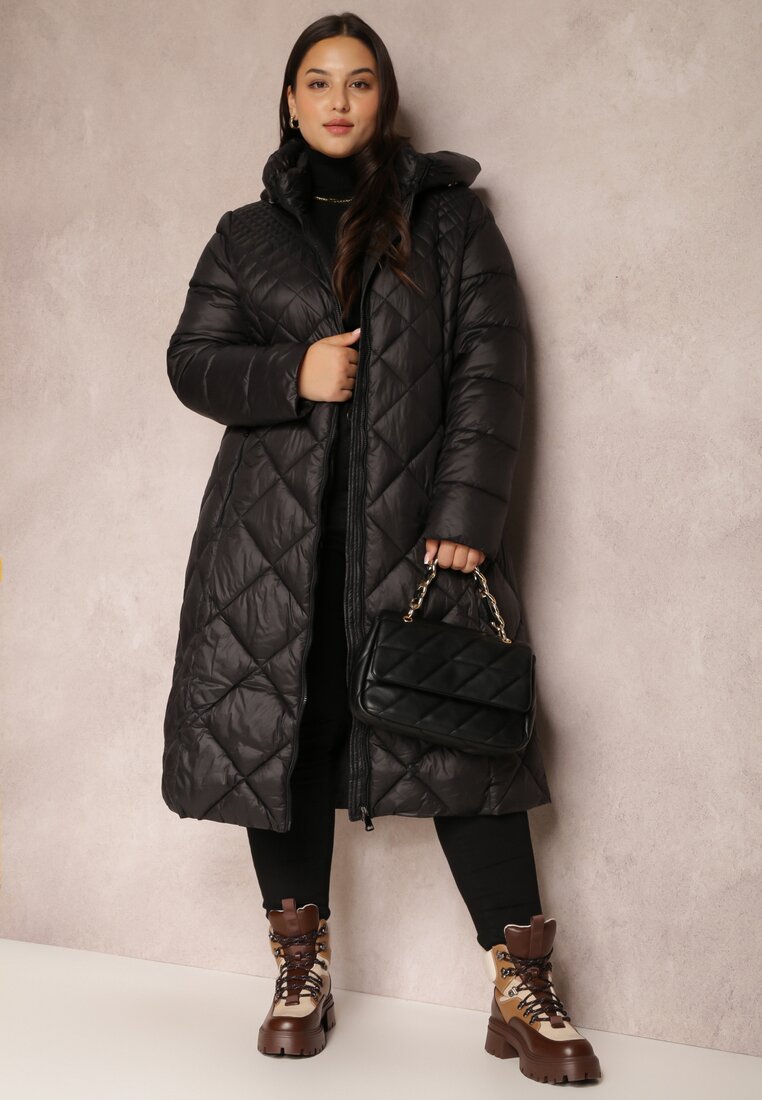 Czarna Kurtka Długa Pikowana z Kapturem Prumla