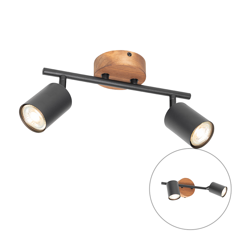 QAZQA Industrialna czerń punktowa z drewnianymi uchylnymi 2 lampkami - Jeana