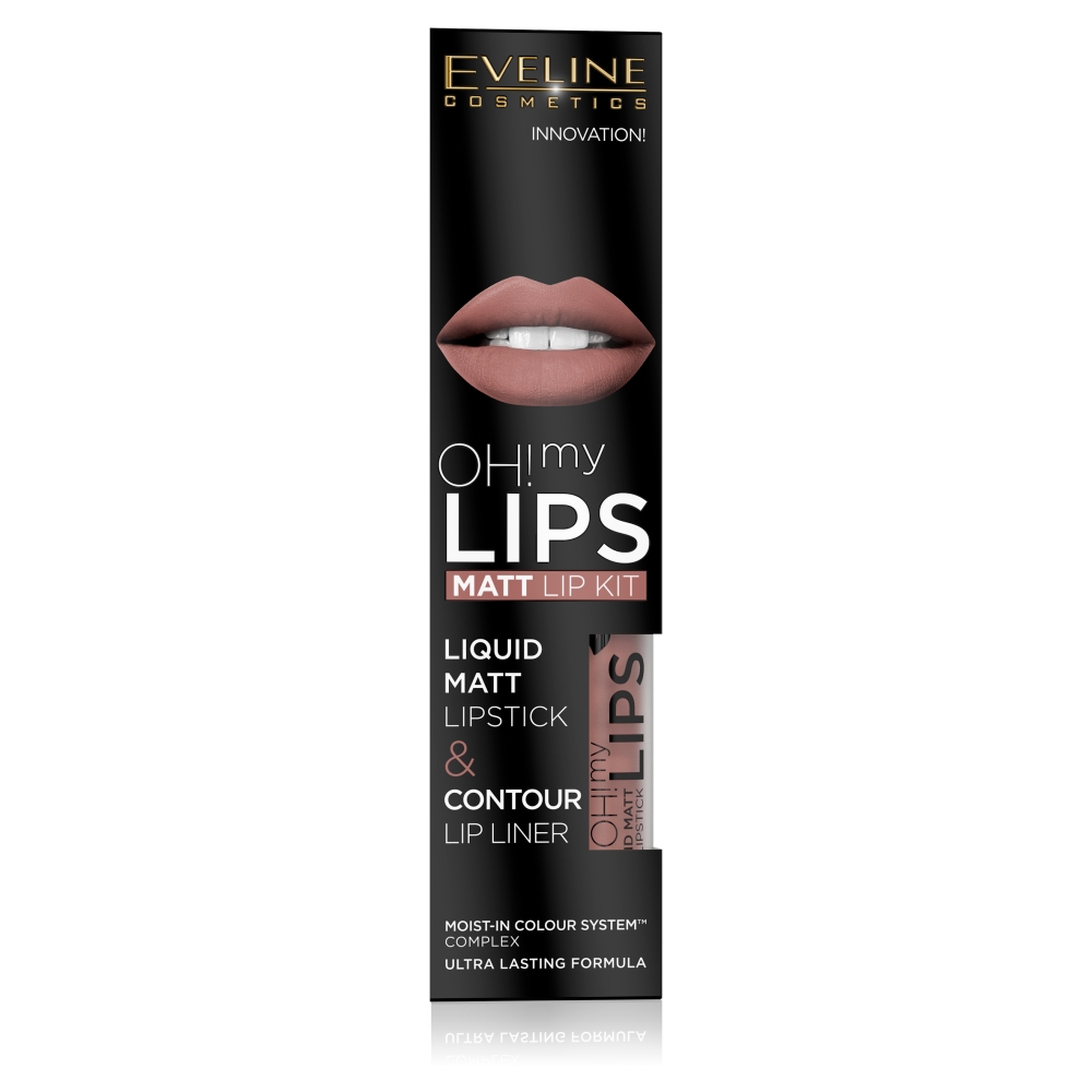 Eveline Oh My Lips zestaw do makijażu ust Liquid Matt Lipstick matowa pomadka 4,5 ml + Contour Lip Liner konturówka 02 Milky Chocolate 1szt
