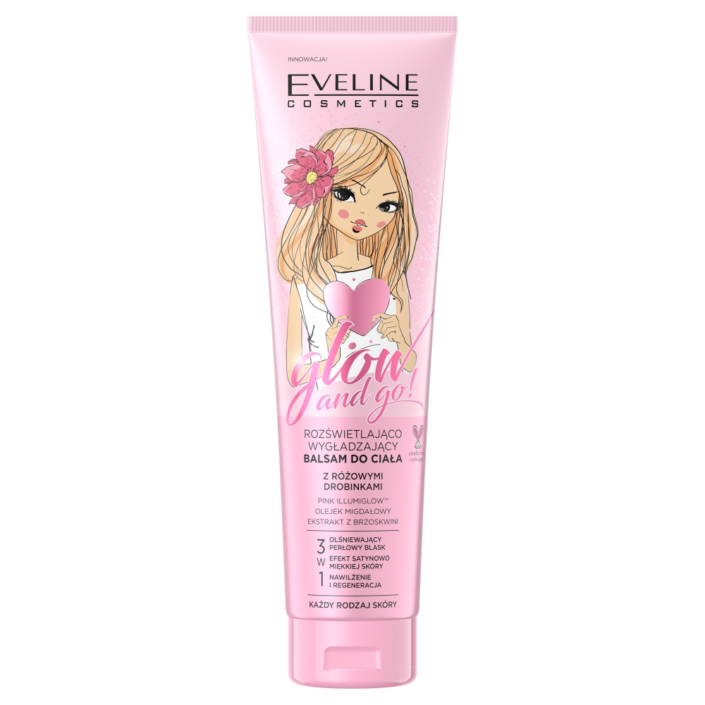 Eveline Glow and Go! 150ml rozświetlająco-wygładzający balsam do ciała z różowymi drobinkami