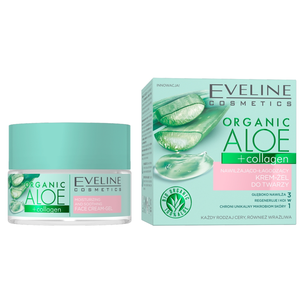 Eveline COSMETICS Organic Aloe + Collagen Nawilżająco-łagodzący krem-żel do twarzy, 50 ml