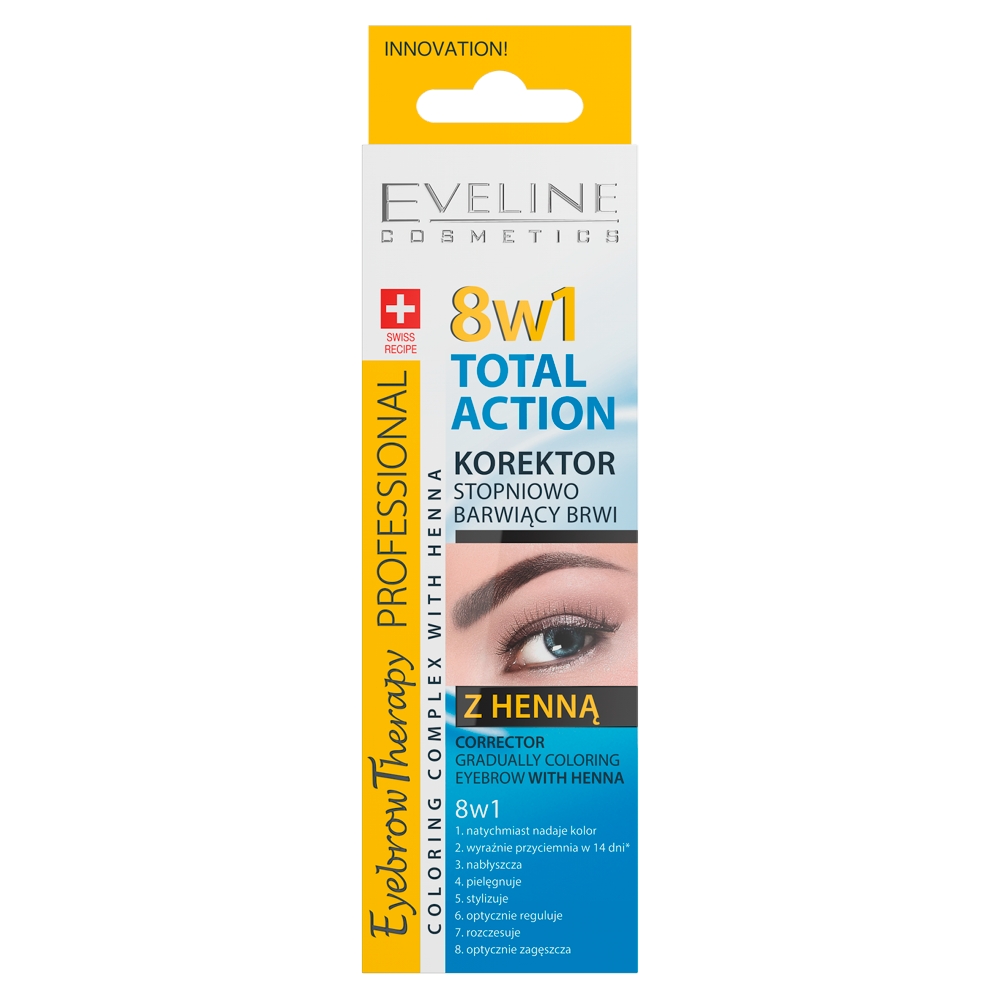 Eveline Eyebrow Therapy, korektor stopniowo barwiący brwi z henną 8w1, 10 ml