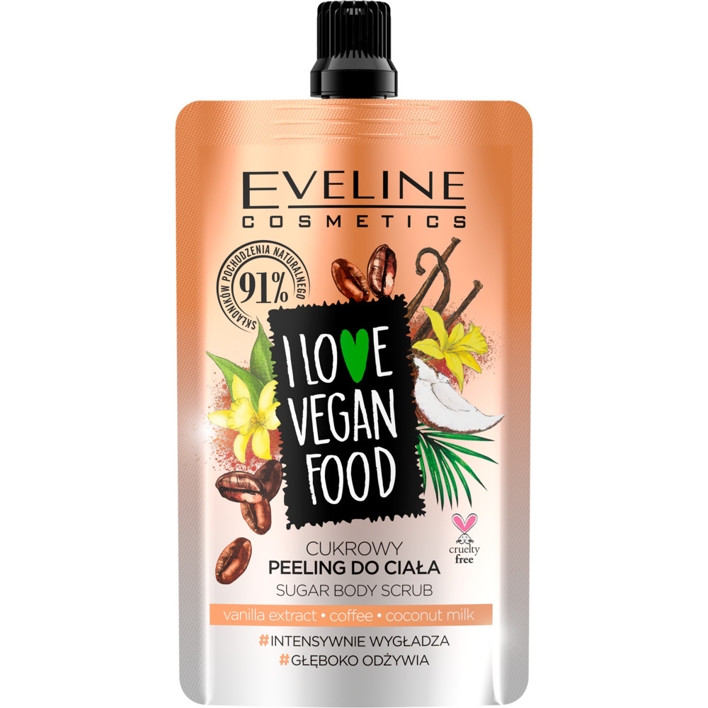 Eveline I LOVE VEGAN FOOD - VANILLA LATTE SUGAR BODY SCRUB - Cukrowy peeling do ciała - KAWA WANILIOWA - 75 ml