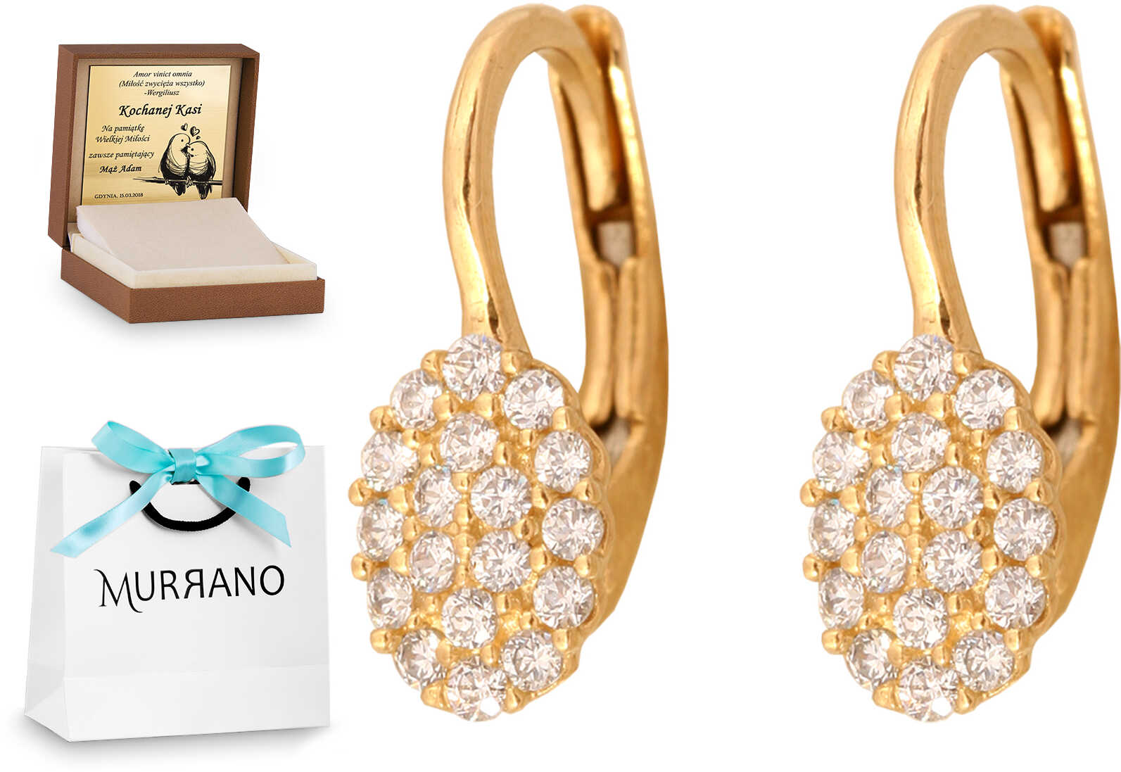 Złote kolczyki 585 wiszące prezent grawer pudełko