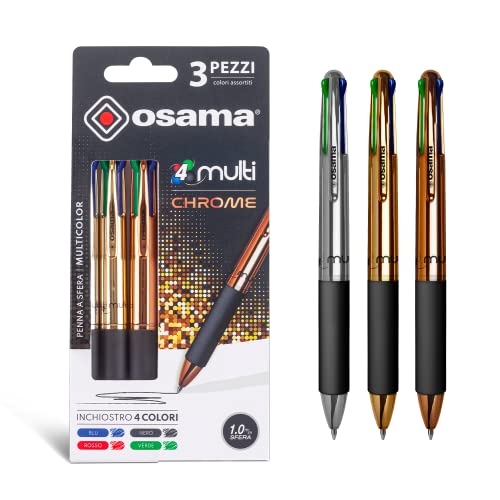 OSAMA 4 Wielu -Zestaw kolorowych długopisów Chrome 4 kolory, 3 szt. -Wielobarwny długopis kulkowy 1.0 mm z atramentem czarnym, niebieskim, czerwonym i zielonym, idealny do papiernictwa szkolnego,