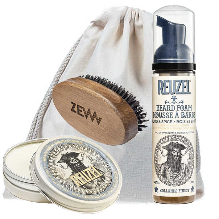Zestaw do pielęgnacji brody Wood and Spice - Reuzel balsam do brody, Reuzel pianka do brody oraz mały kartacz do brody marki ZEW