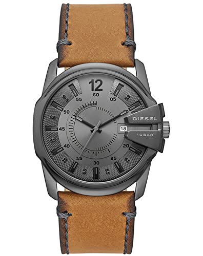 Diesel Master Chief męski zegarek z trzema rękami, rozmiar etui 46 mm, zegarek ze stali nierdzewnej ze skórzanym paskiem, brązowy (jasny), szary, pasek