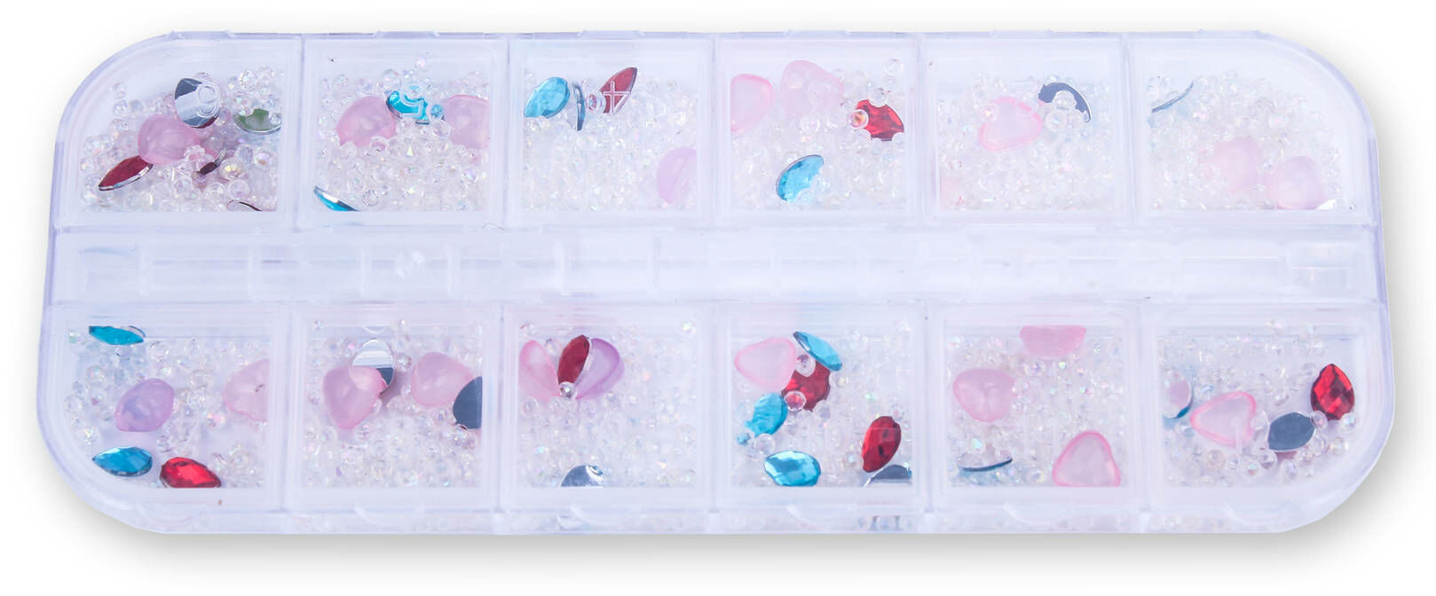 Zestaw ozdób do paznokci mix kryształki, serduszka, kropelki - kasetka