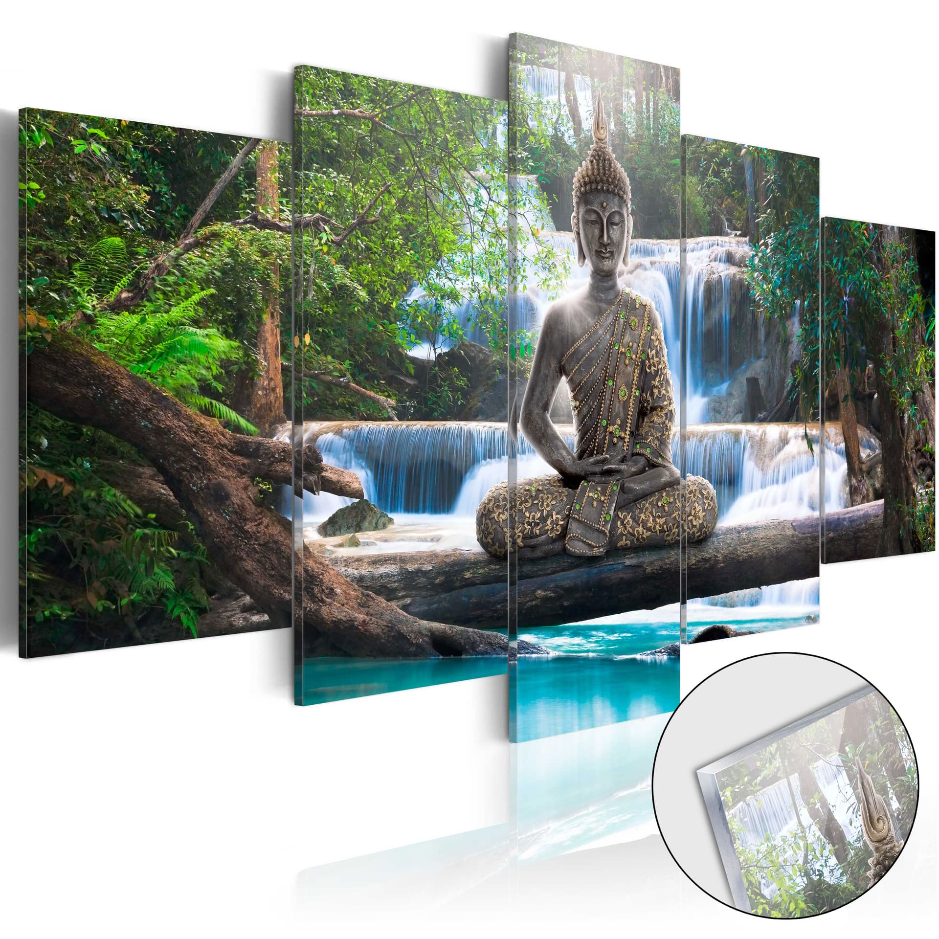 Obraz na szkle akrylowym - Budda i wodospad [Glass] (rozmiar 100x50)