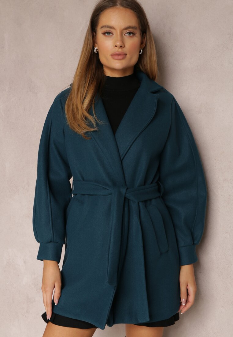 Granatowy Płaszcz z Wiązanym Paskiem i Bufiastym Rękawem Agnage