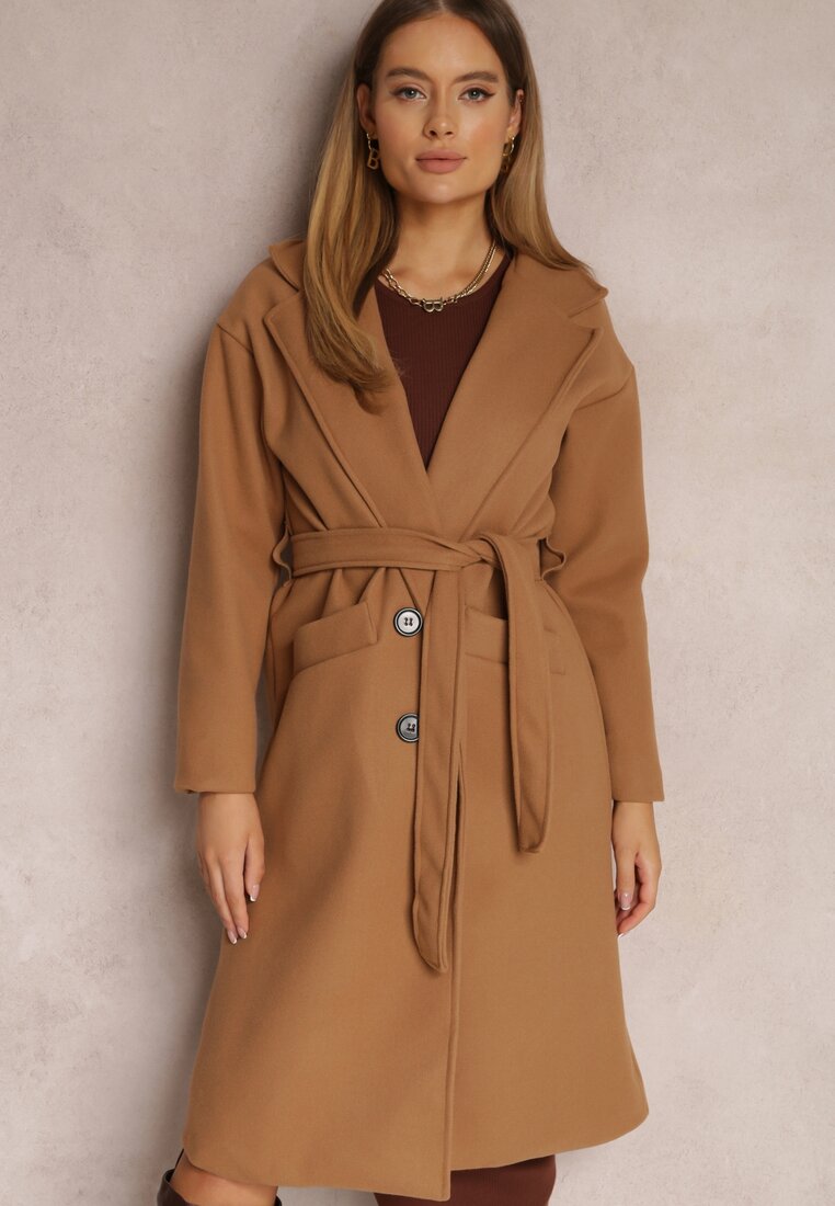Ciemnobeżowy Płaszcz Jednorzędowy Wiązany Meollie